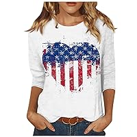Women's American Flag Shirt,4Th of July Shirts for Women Star Stripes American Flag T Shirt 3/4 Sleeve Crew Neck Summer Tops Casual Blouses 4th of July T Shirt American Flag V-Neck for Women