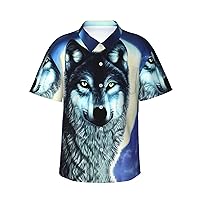 Wolf Under Moon Hawaiian Shirts for Men, Print Summer Beach Casual Short Sleeve Button Down Shirts,Summer Beach Dress Shirts