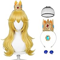 Blonde Wavy Princess Wig for Adult, Long Golden Cosplay Wig + Crown Brooch Earrings Accessories + Wig Cap for Halloween Costume Party