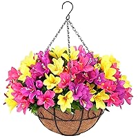 Ouddy Decor Artificial Hanging Flowers in Basket, Silk Azalea Flowers with Coconut Lining Hanging Baskets Outdoor Fake Hanging Plants Spring Flowers for Yard Patio Front Porch Home Decor, Mix Color