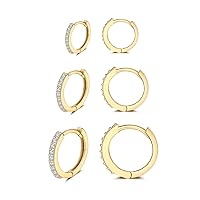 Silver Huggie Hoop Earrings for Women, 3 Pairs Tiny Hypoallergenic Sterling Silver Cartilage Hoops | 14k Gold Small Cubic Zirconia Cuff Earrings Mini Piercing Jewelry for Girls Men Teen (6/8/10/12mm)