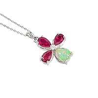 Natural Ethiopian Opal & Ruby Cabochon Gemstone 925 Sterling Silver Flower Pendant Necklace July Birthstone Ruby Jewelry Proposal Necklace Gift For Girlfriend (PD-8506)