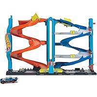 Toy Car Track Set City Transforming Race Tower, Single to Dual-Mode Racing, with 1:64 Scale Car