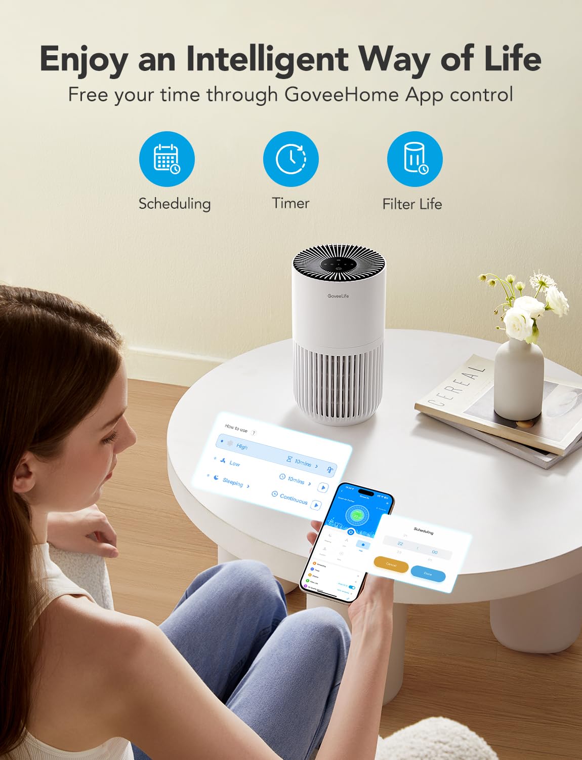 GoveeLife Mini Air Purifier for Bedroom, HEPA Smart Filter Air Purifier with App Alexa Control for Pet Hair, Odors, Pollen, Smoke, Portable Air Cleaner with 3 Speeds, 2 Modes, Timer, Aroma for Home