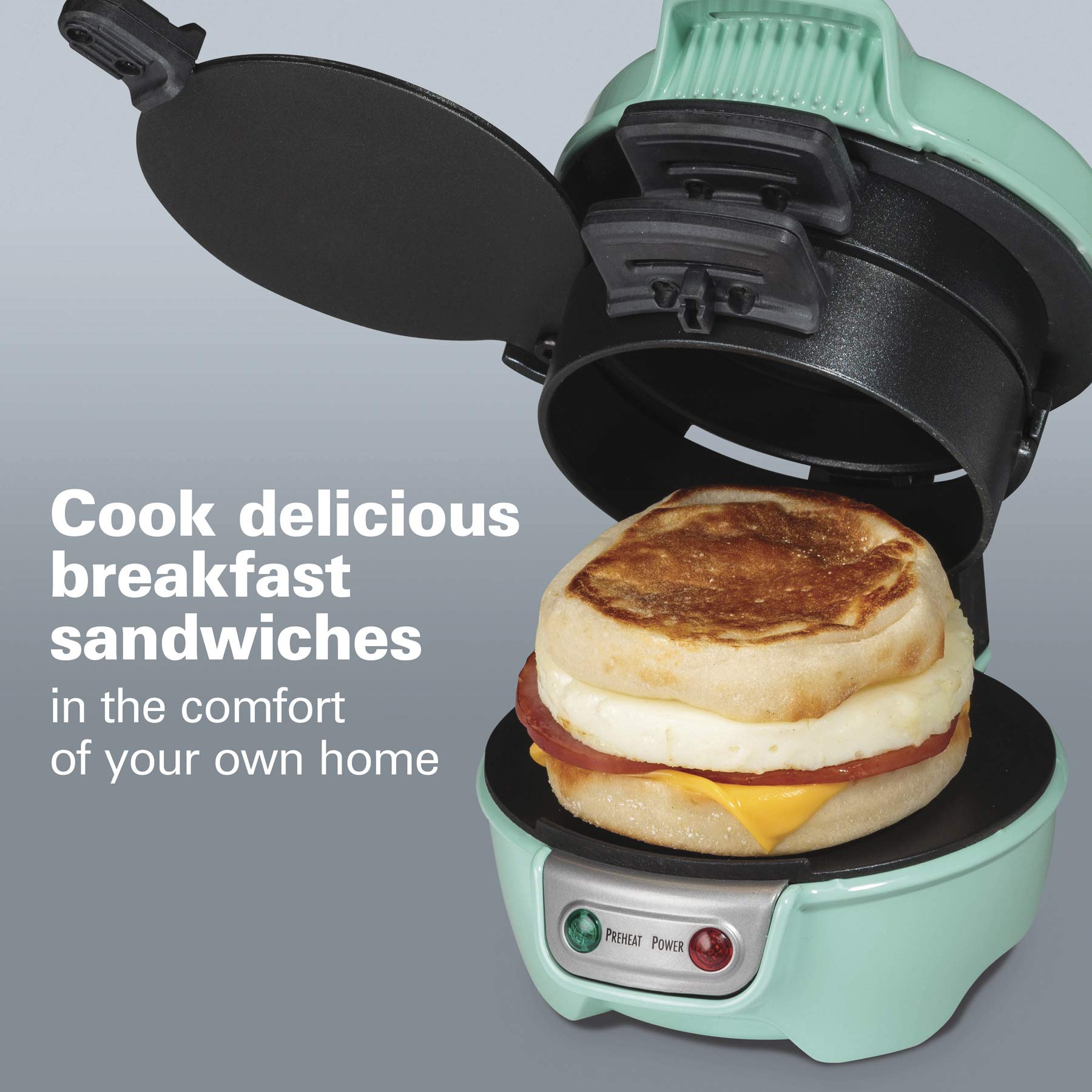 Hamilton Beach Breakfast Sandwich Maker with Egg Cooker Ring, Customize Ingredients, Perfect for English Muffins, Croissants, Mini Waffles, Dorm Room Essentials, Mint (25482)