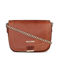 Pelle Luxur Leather Bag Sling For Ladies/Women | Color : Tan | Size : Medium | Flap Closer, 2 Inner Slip Pockets, With Metal Detachable Sling, Comfortable With Carry By Hand Or Shoulder.