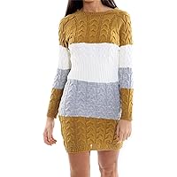 Ladies Chunky Cable Knitted Block Striped Jumper Womens Long Sleeve Midi Dress