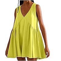 Womens Summer Sleeveless Mini Dress Oversized T Shirt Dresses Casual Loose V Neck Sundress Babydoll Short Dress Watercolor Dress Women’S Summer Dresses Yellow