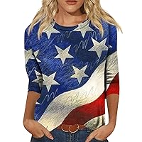 4Th of July Shirts,3/4 Sleeve Shirts Casual Independence Day Print Graphic Tees Blouses Plus Size Basic Tops
