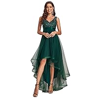 Ever-Pretty Women's Prom Dress Double V-Neck Sleeveless Empire Waist Sequin High Low Tulle Formal Dress 0147A