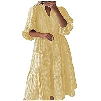 Womens Vintage Plaid Dress Plus Size Puff Short Sleeve Mock V Neck A-Line Loose Fit Casual Flowy Swing Midi Dresses