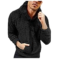 Mens Sherpa Hoodies Solid Plush Hooded Sweatshirt Winter Fall Warm Pullover Hoody Loose Drawstring Pocket Hoodie