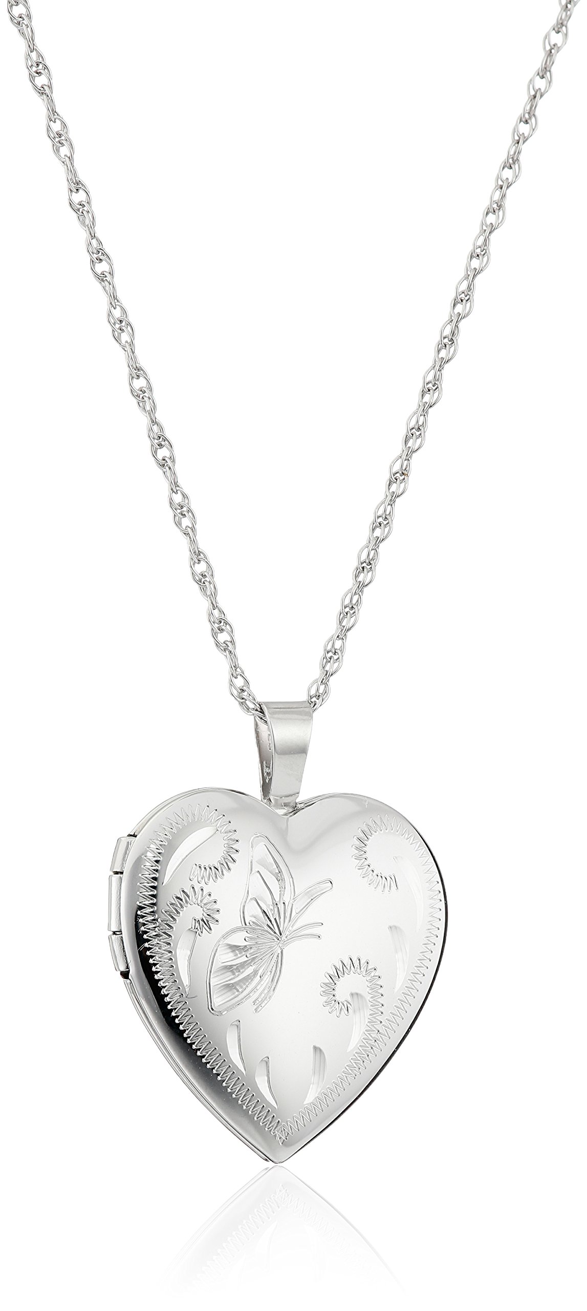 Amazon Collection Sterling Silver Heart with Hand Engraved Butterfly Locket Necklace, 18