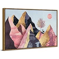 Abstract Mountain Framed Wall Art, Pink Sun Nordic Landscape Wall Decor 24x36, Minimalist Canvas Picture Nature Geometric Scenery Painting Modern Art for Bedroom Living Room Office Home Decoration