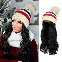AynnQueen Beanie with Hair Attached for Women Slouchy Cable Hat Wig Knit Beanie Winter Stripe Hat with 20inch Removable Hair Extensions Wig (Light Chestnut Brown - Stripe Hat)