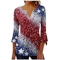 Womens Fourth of July Outfit American 3/4 Length Sleeve 2024 Independence Day Plus Size Casual V-Neck Blouse