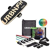 URBNFit Wooden Balance Board + Resistance Bands Set Bundle - (12 Piece) Includes Door Anchor, Ankle, Wrist Strap, Exercise Guide and Carrying Bag For Strengthening and Training (Pro Series)
