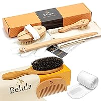 Belula Organic Skin and Hair Care. Dry Brushing Body Brush Set and 100% Boar Bristle Hair Brush Set. Restore Shine and Texture to Your Skin and Hair.