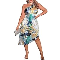 SOLY HUX Women's Plus Size One Shoulder Tie Dye Midi Dress Party Cocktail A Line Pleated Dresses