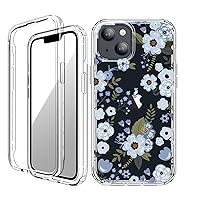 for iPhone 14 and iPhone 13 Case Clear 6.1 Inch with Pattern Design, Protective Slim TPU Cover + Shockproof Bumper for Women and Girls (Flowers/Blue)
