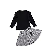 Toddler Girl Baby Clothes Sets Long Sleeve Top and Beautiful Pleated Checks Skirt 1T-5T
