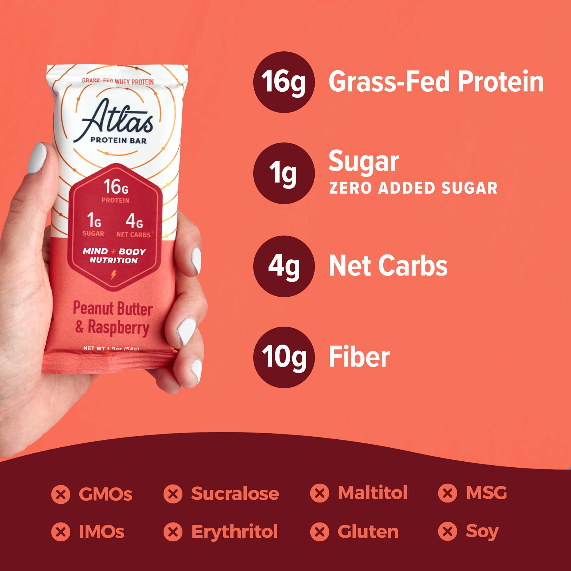 Atlas Protein Bar Mind + Body Fuel, Peanut Butter Raspberry, Erythritol Free, High Protein, Low Sugar, Low Carb, Keto, Gluten Free (10 Count)