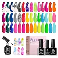 Beetles 20 Colors Gel Art Kit with 3Pcs Base Gel Glossy Top Coat and Nail Glue 10Pcs Mirror Effect Metal&Nail Blooming Gel 15ml Clear Uv Led Blossom,Spreading Effect Marble Natural Stone Watercolor