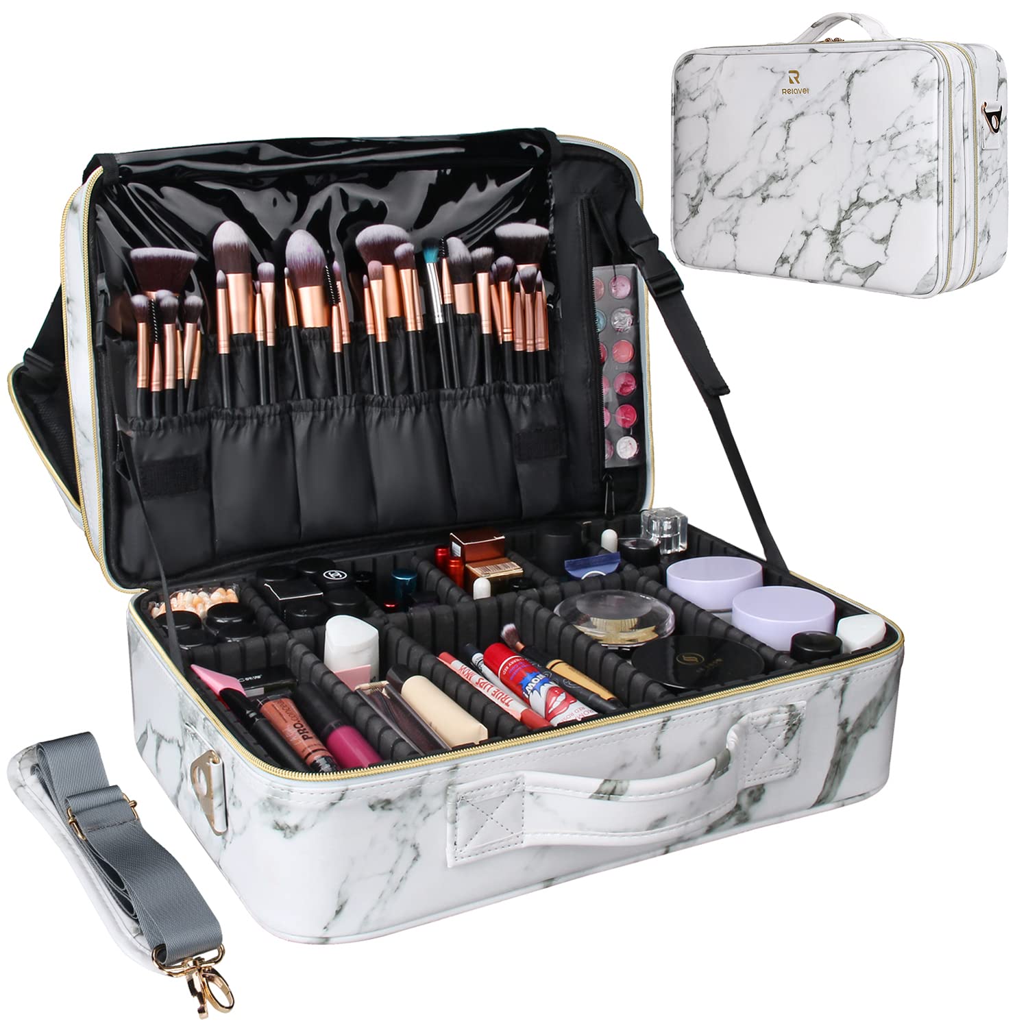 Relavel Makeup Case Large Makeup Bag Professional Train Case 16.5 inches Travel Cosmetic Organizer Brush Holder Waterproof Makeup Artist Storage Bo...