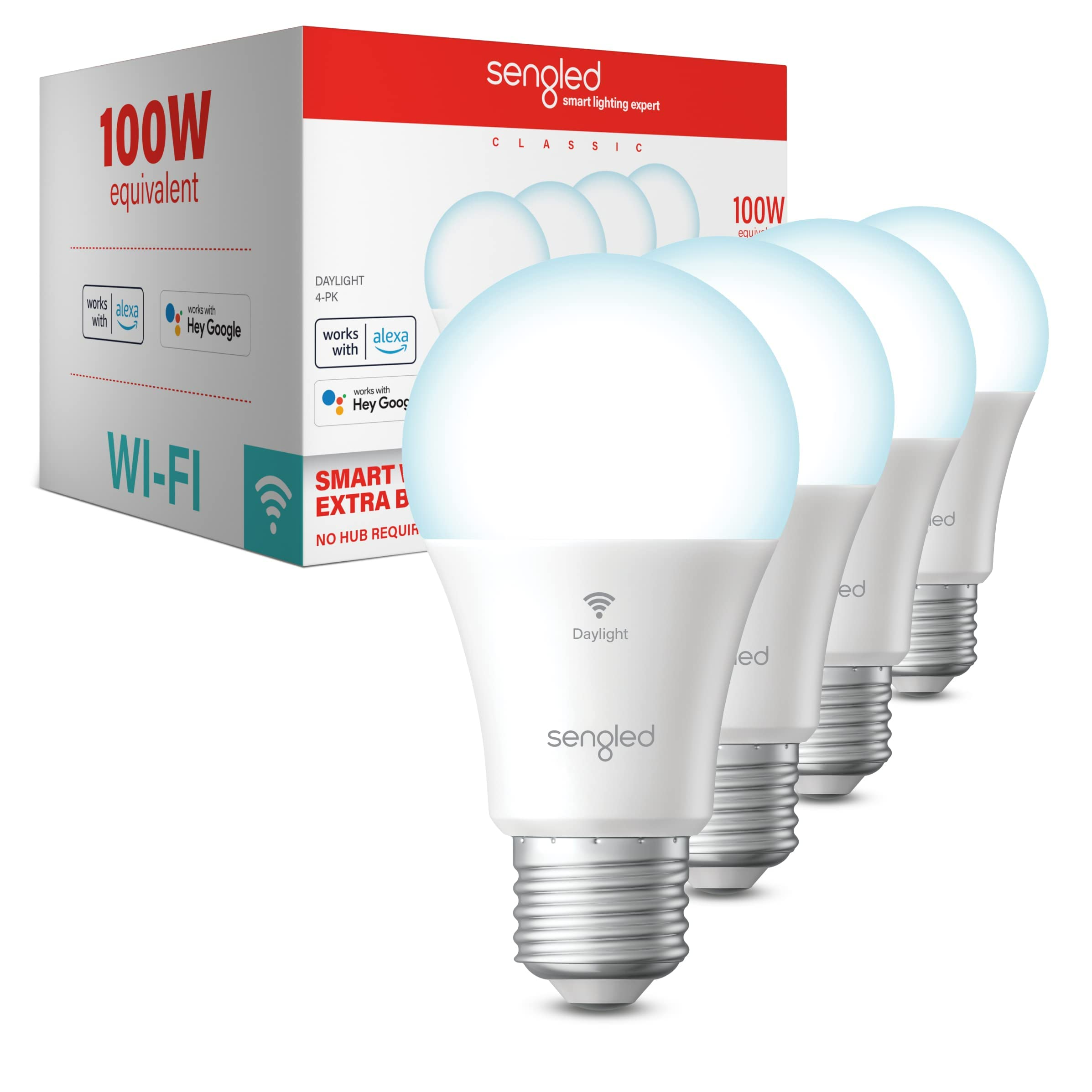 Sengled Smart Light Bulbs, 100W Equivalent WiFi Light Bulb, 1500LM High Brightness Smart Bulbs That Work with Alexa Google, Dimmable A19 Daylight 5000K Alexa Light Bulb, CRI90, No Hub Required, 4Pack