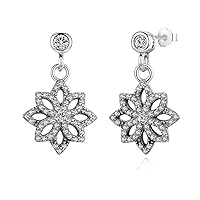 Vintage 925 Sterling Silver Lace Botanique, Clear CZ Floral Motif Drop Earrings for Women Jewelry