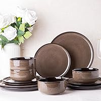 Ceramic Dinnerware Set of 4, Poreclain Plates, Bowls, Handmade Reactive Glaze Dishes, Chip Resistant, Oven & Dishwasher Safe, Service for 4-Chestnut