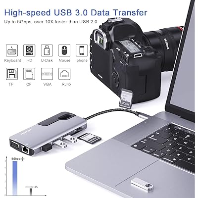 USB C Hub Adapter for MacBook Pro, Thunderbolt 3 Adapter,10-in-1 USB C  Dongle with Gigabit Ethernet, USB C to HDMI VGA Adapter,100W Power Delivery, 3 USB 3.1, SD TF Card Reader-Through Port Adapters 
