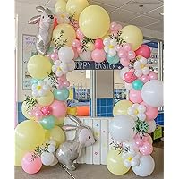 Happy Easter Balloon Garland Arch Kit, 153pcs Pink Yellow White Ballooons with Bunny Mylar Balloon White Daisy Balloon for Home Easter Party Decorations Girls Birthday Party Baby Shower Supplies