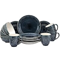 Elama Decorated Round Stoneware Deep Embossed Dinnerware Dish Set, 16 Piece, Dark Navy Blue