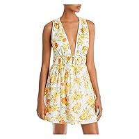Faithfull The Brand Womens White Pleated Zippered Lined Tie Front Floral Sleeveless V Neck Mini Fit + Flare Dress 2