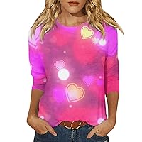 Womens Tops 3/4 Sleeve Shirts Round Neck Valentine's Day Shirts Cute Love Heart Graphic Tees Holiday Clothes