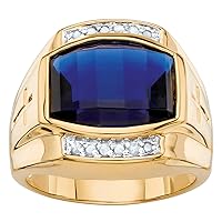 PalmBeach Jewelry Men's 18K Yellow Gold Plated Emerald Cut Created Red Ruby or Blue Sapphire and Diamond Accent Ring