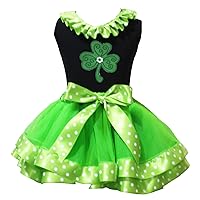 St Patrick Day Dress Clover Polka Dots Lacing Black Shirt Green Petal Skirt 1-8y