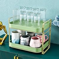 2-Tier Cups Mugs Drying Rack with Drain Tray, Tableware Fruit Storage Rack, Kitchen Countertop Organizer Shelf Tea Tray for Water Coffee Glass Cup Bowls Food and Seasoning Jar Holder (Green)