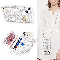 for iPhone 13 Case with Card Holder and Strap - Zipper Pocket,Crossbody Lanyard Strap,Credit Card Holder,Stand Ring,Cute Phone Wallet Case for Women(White Leopard,6.1 Inch)