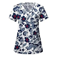 Scrubs for Women Trendy Floral Printed Short Sleeve V-Neck Pullover Tops Ladies Work Uniform T-Shirt with Pockets