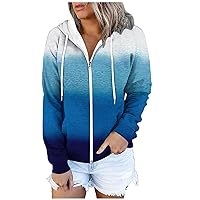 Zip Up Hoodie Women Fall Winter Trendy Gradient Color Long Sleeve Drawstring Sweatshirt Tops Casual Jacket With Pockets