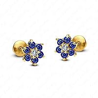 Round Shape Blue Sapphire 14K Yellow Gold Plating Cluster Flower Stud Earrings