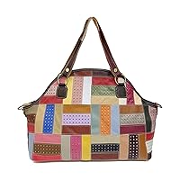 Multicolor Large Handbags for Women Genuine Leather Colorful Geometric Pattern Patchwork Satchel Shoulder Bag Purses