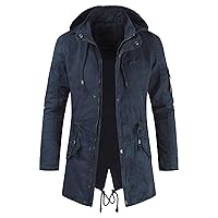 Men Full-Zip Hood Cotton Parka Jacket Coat Long Back Split Collar Hooded Windbreaker Mid-Long Military Coat Pockets