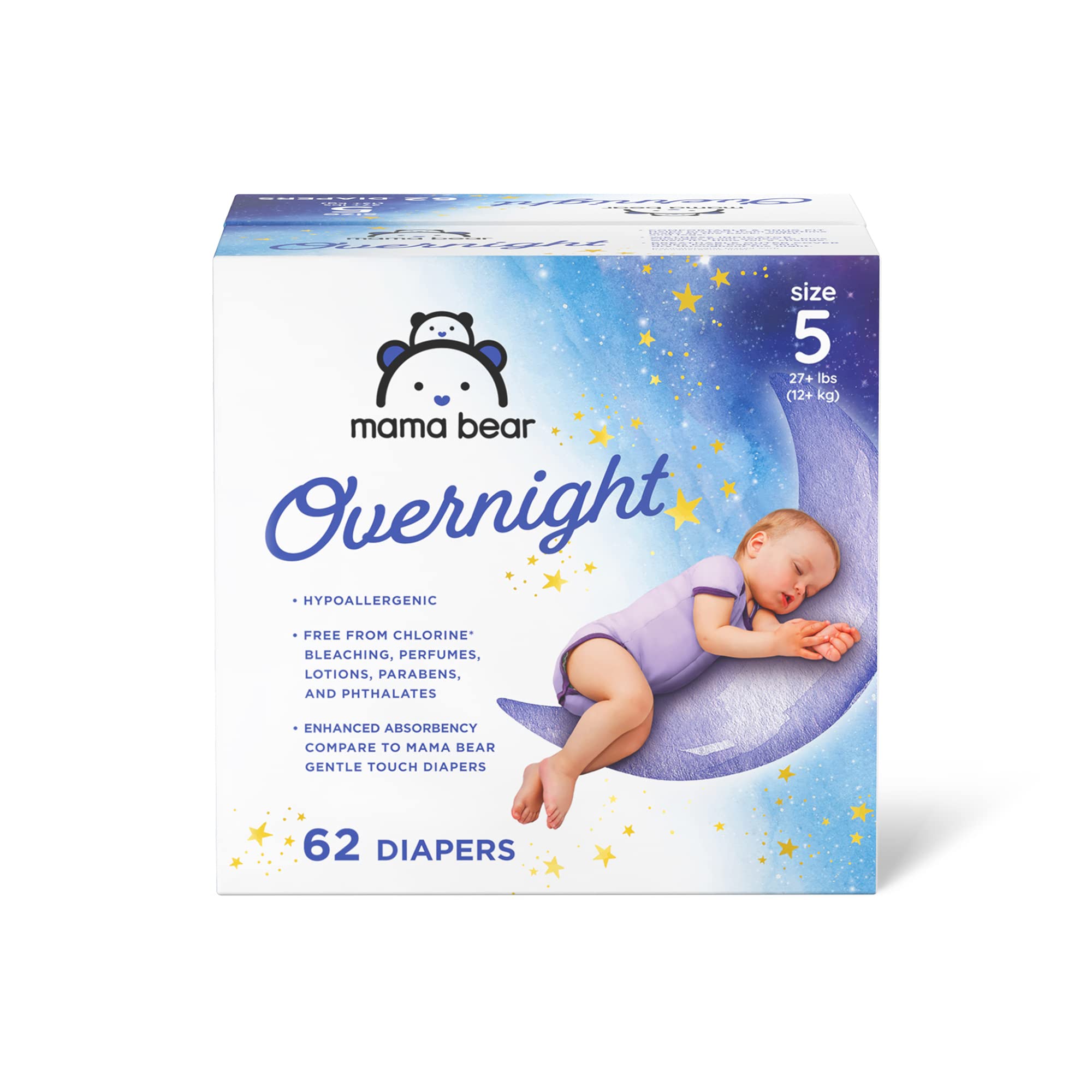 Amazon Brand - Mama Bear Overnight Diapers, Hypoallergenic, Size 5 (62 count)