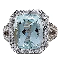 9.5 Carat Natural Blue Aquamarine and Diamond (F-G Color, VS1-VS2 Clarity) 14K White Gold Luxury Cocktail Ring for Women Exclusively Handcrafted in USA