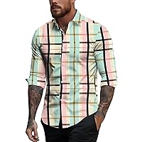 Mens Button Up Shirts Long Sleeve Plaid Print Casual Fashion Loose Shirt Casual Vacation Style Beach Shirts Blouse