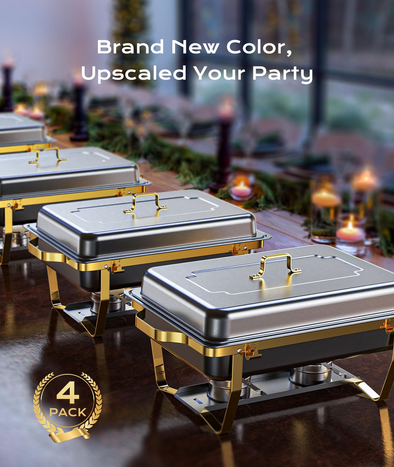 Chafing Dishes for Buffet 4 Pack, 8QT [Elegant Gold and Silver Colors] Stainless Steel Chafing Dish Buffet Set [Sturdy and High Grade] Chafers and Buffet Warmers Sets for Any Party with Complete Set