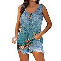 Tank Tops for Women Large Size Tanks Woman Sleeveless Floral Print Henley Shirt Scoop Neck Button Graphic Tee Tunic
